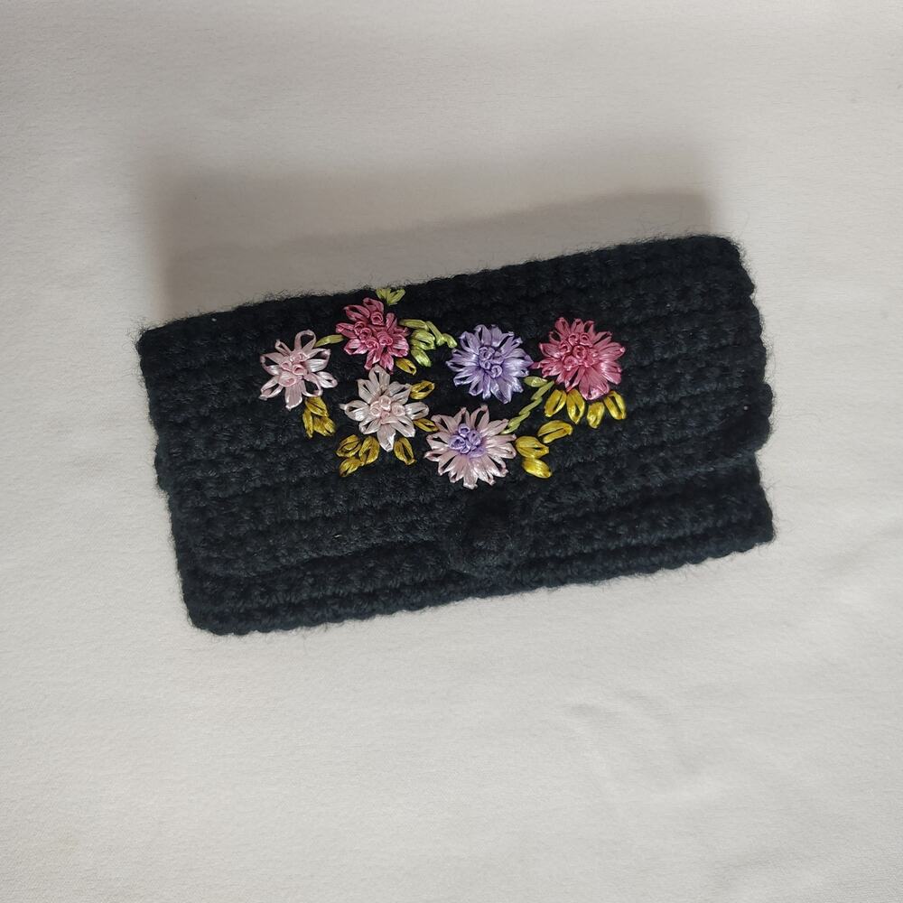 Handmade Crochet Floral Clutch Cottagecore Grannycore Boho Ribbon Embroidery